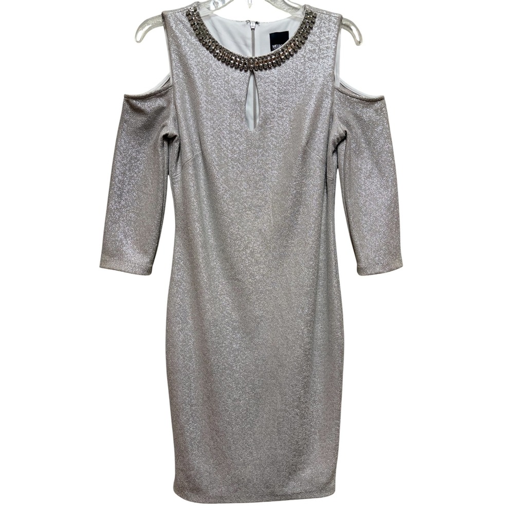 Melrose Social Womens Silver Metallic Cold Shoulder Embellished Cocktail Dress 6